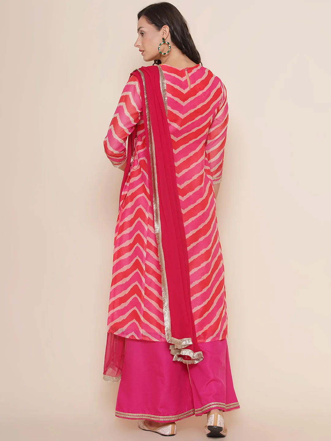 Pink Leheriya Printed A-Line Yoke Embroidered Kurta & Pink Solid Plazzos With Dupatta