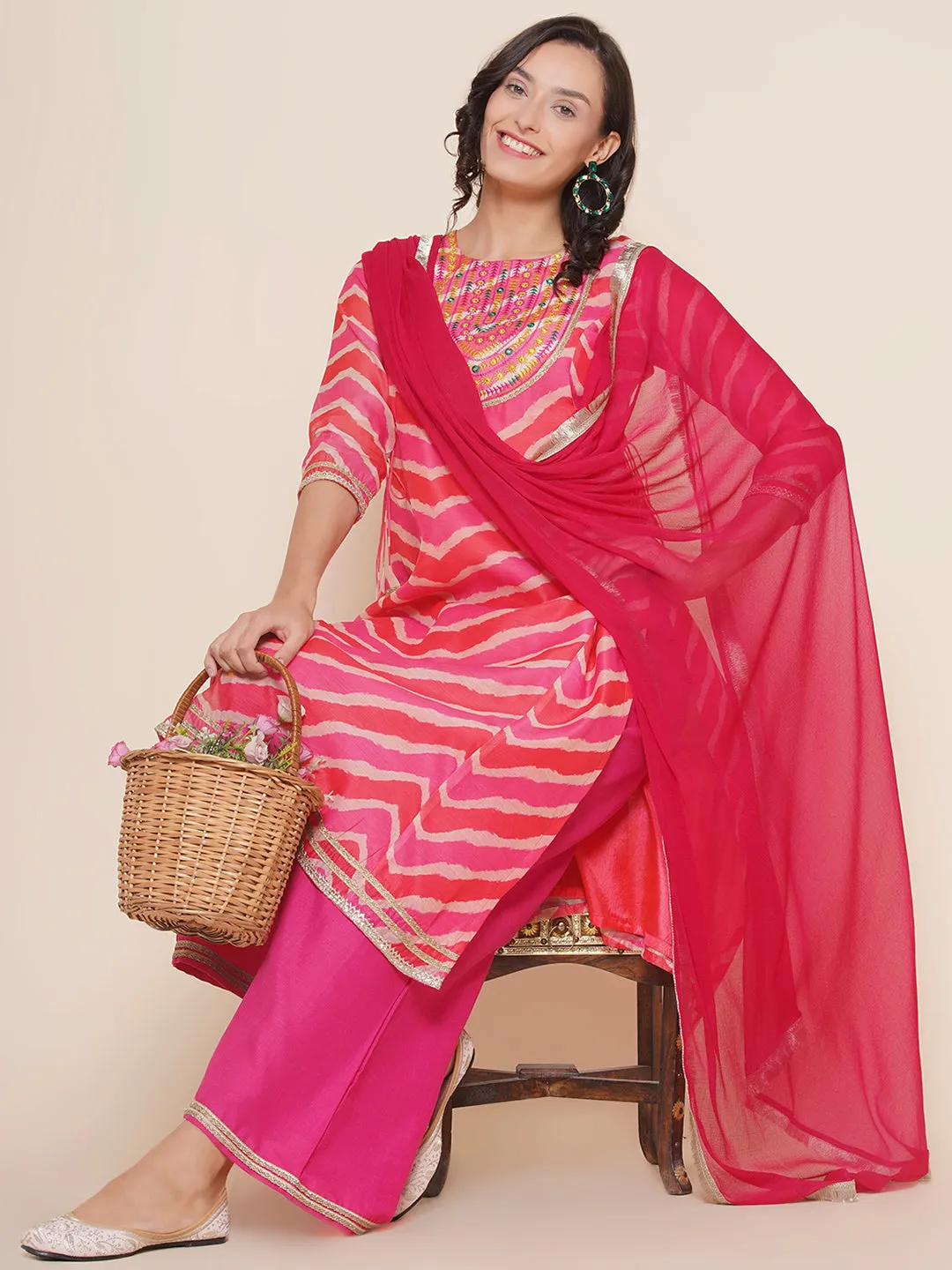 Pink Leheriya Printed A-Line Yoke Embroidered Kurta & Pink Solid Plazzos With Dupatta