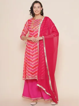 Pink Leheriya Printed A-Line Yoke Embroidered Kurta & Pink Solid Plazzos With Dupatta