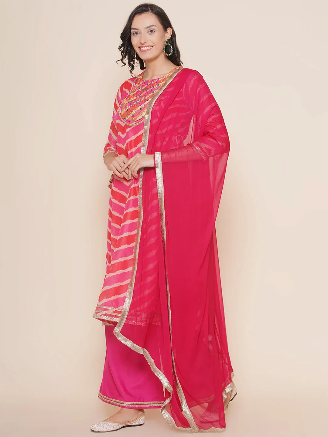 Pink Leheriya Printed A-Line Yoke Embroidered Kurta & Pink Solid Plazzos With Dupatta