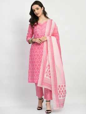 Pink  Printed Kurta Pant With Dupatta Set