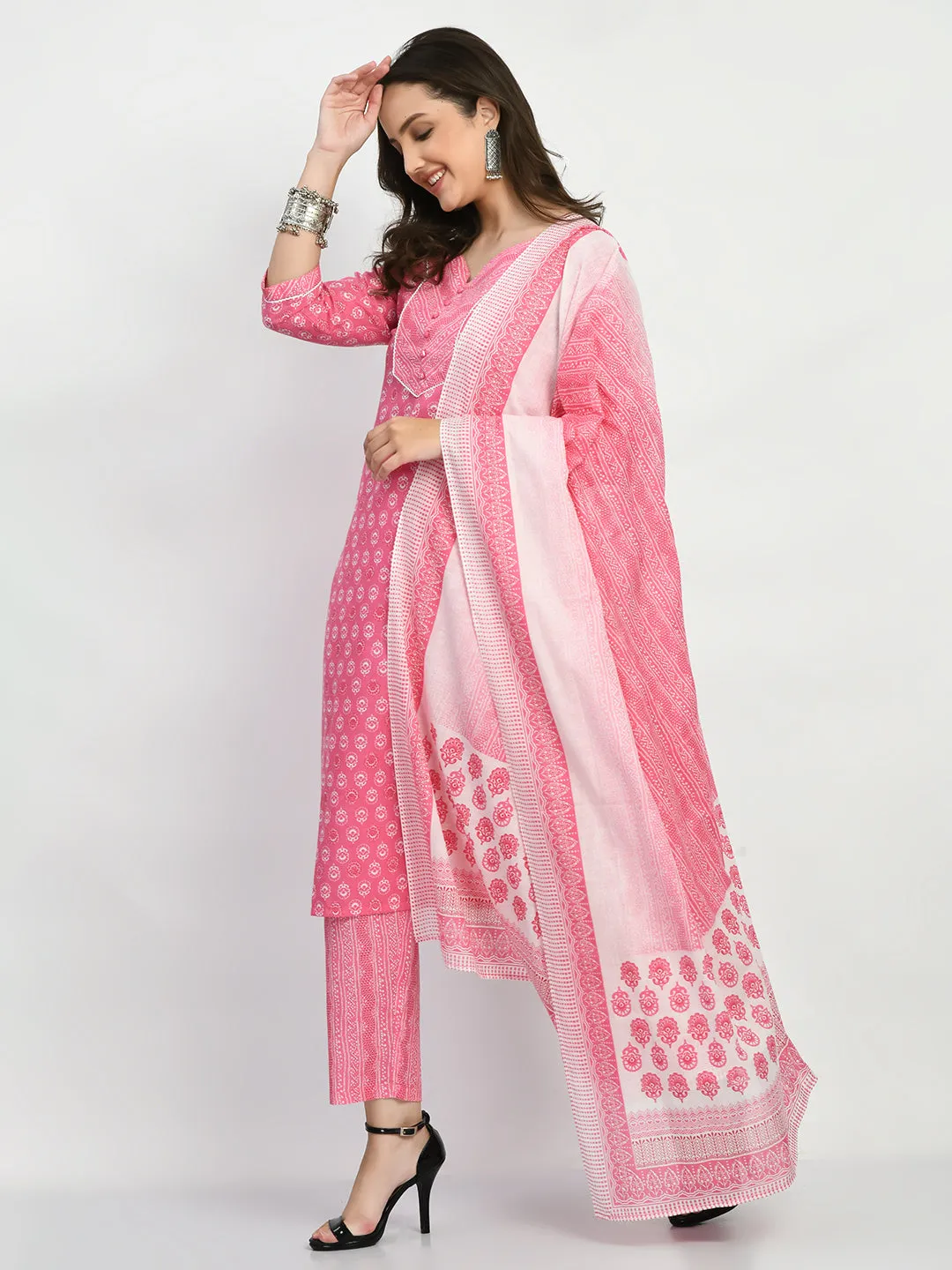 Pink  Printed Kurta Pant With Dupatta Set