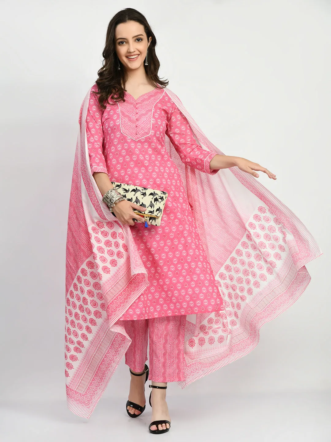 Pink  Printed Kurta Pant With Dupatta Set