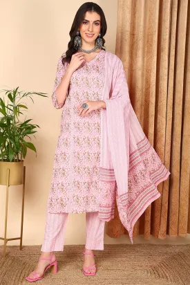 Pink Pure Cotton Floral Printed Straight Suit Set