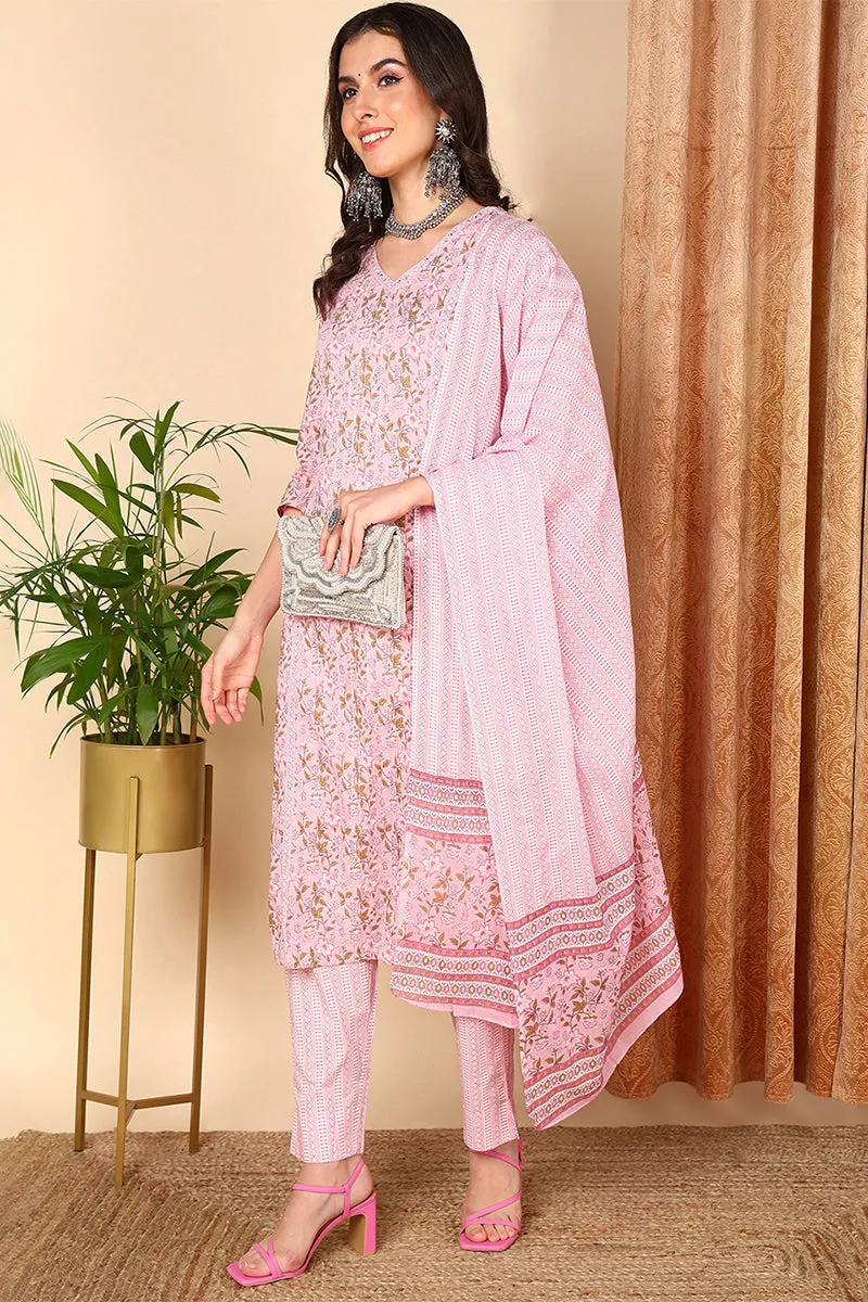 Pink Pure Cotton Floral Printed Straight Suit Set