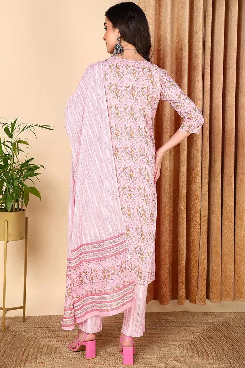 Pink Pure Cotton Floral Printed Straight Suit Set