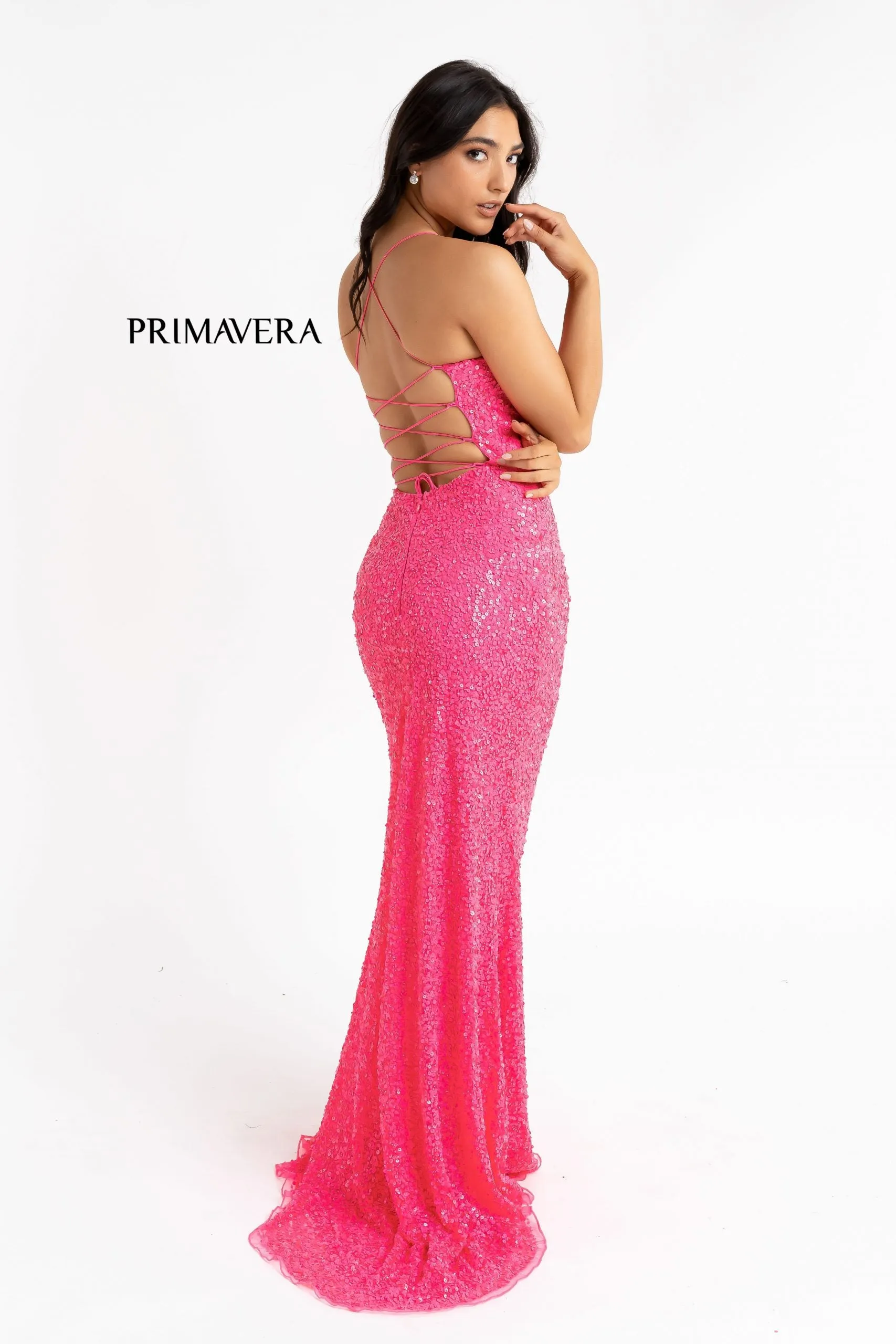 Primavera Couture 3290 Size 00 Hot Pink Prom Dress Long Sequins V neckline