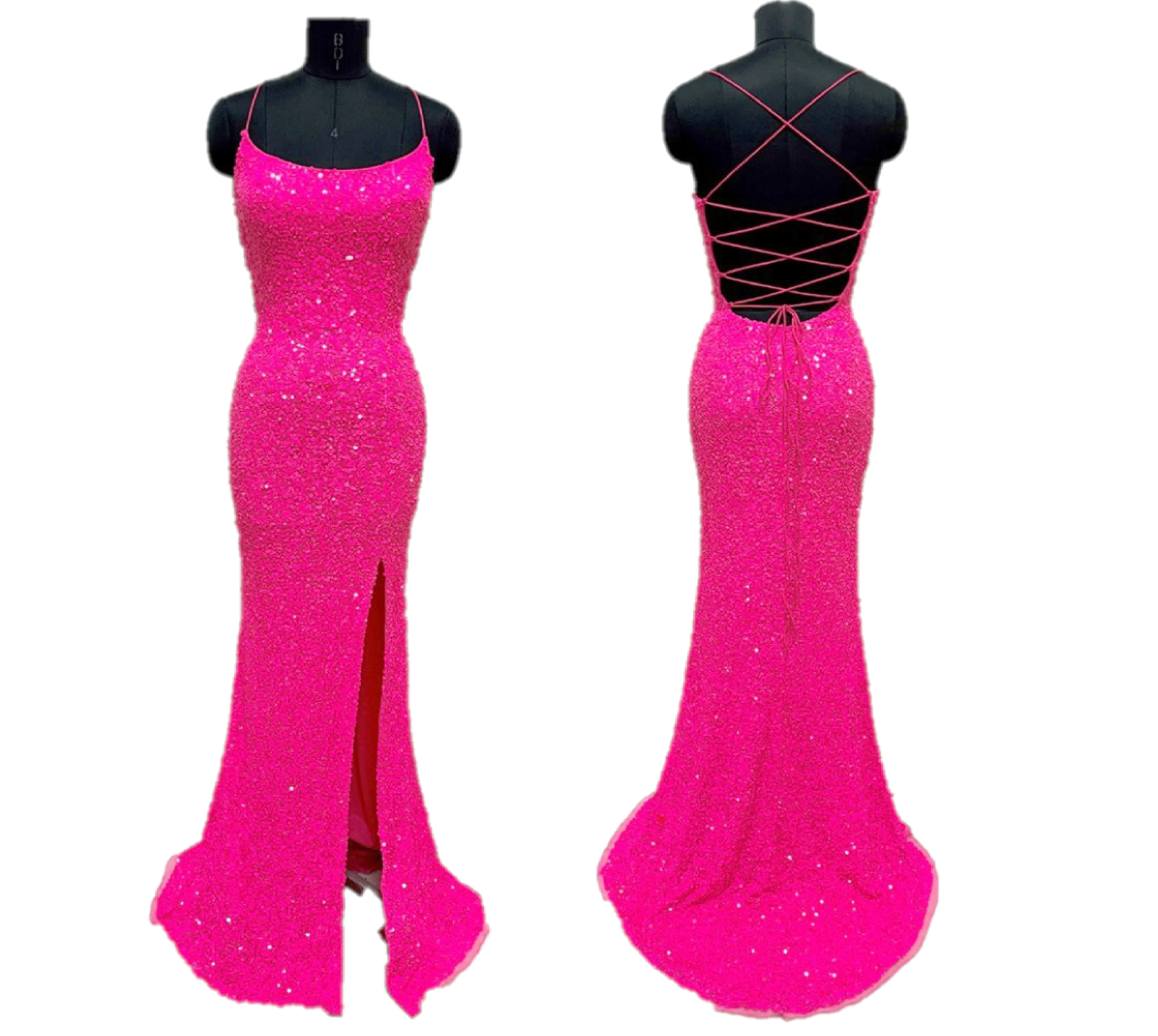 Primavera Couture 3290 Size 00 Hot Pink Prom Dress Long Sequins V neckline