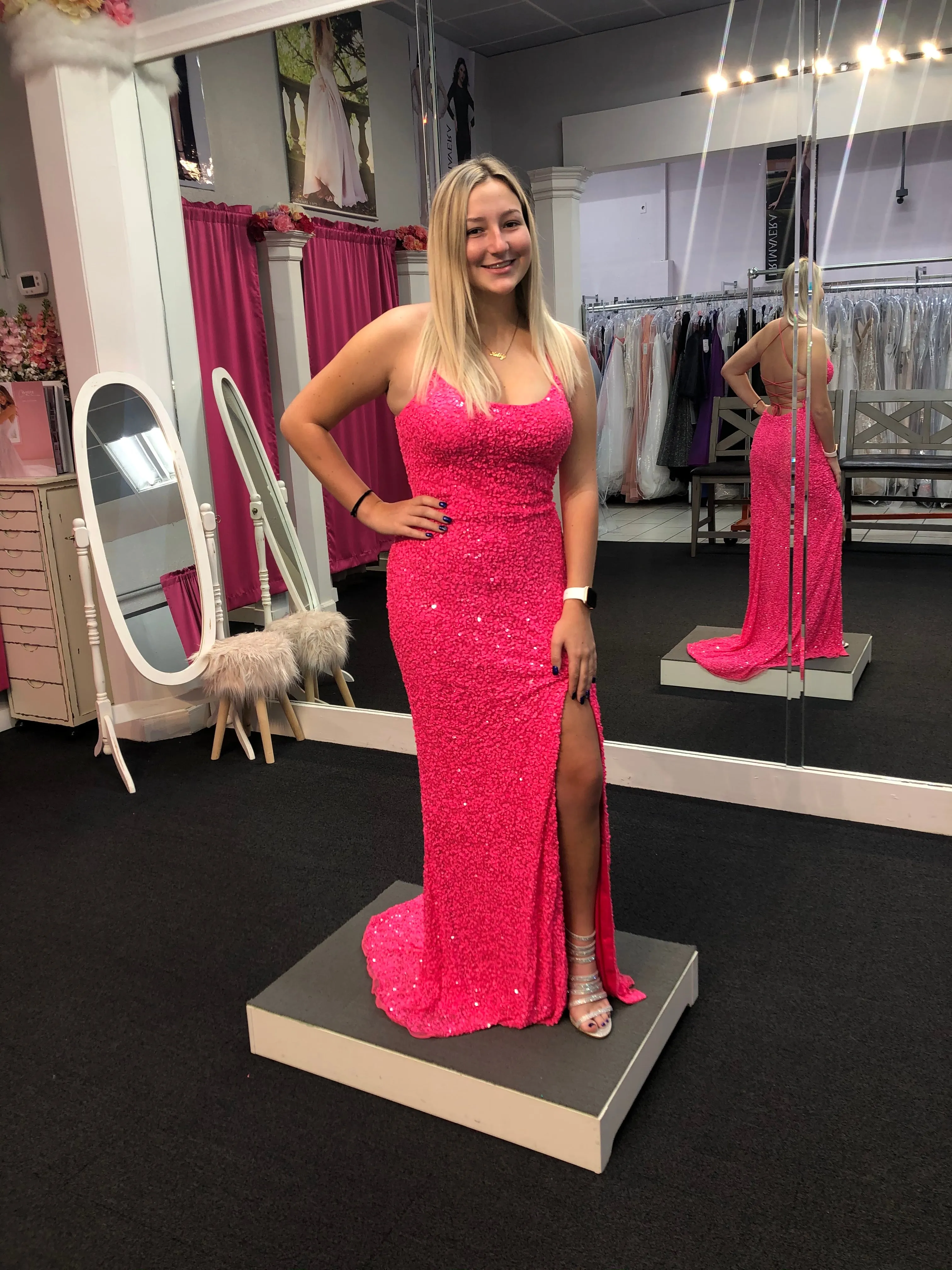 Primavera Couture 3290 Size 00 Hot Pink Prom Dress Long Sequins V neckline