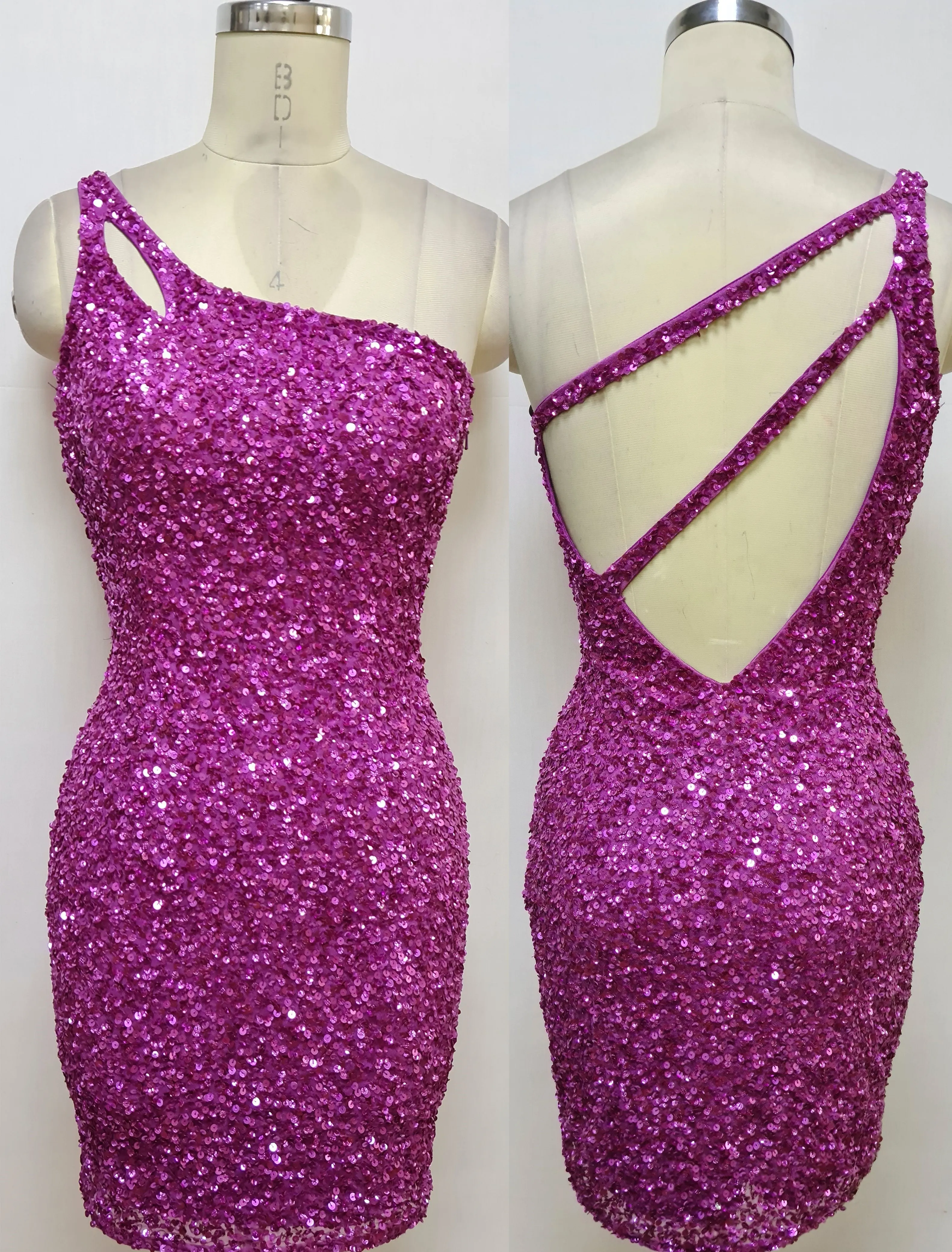 Primavera Couture 3573 Cocktail Dress One Shoulder Double Strap Fitted Sequins Backless