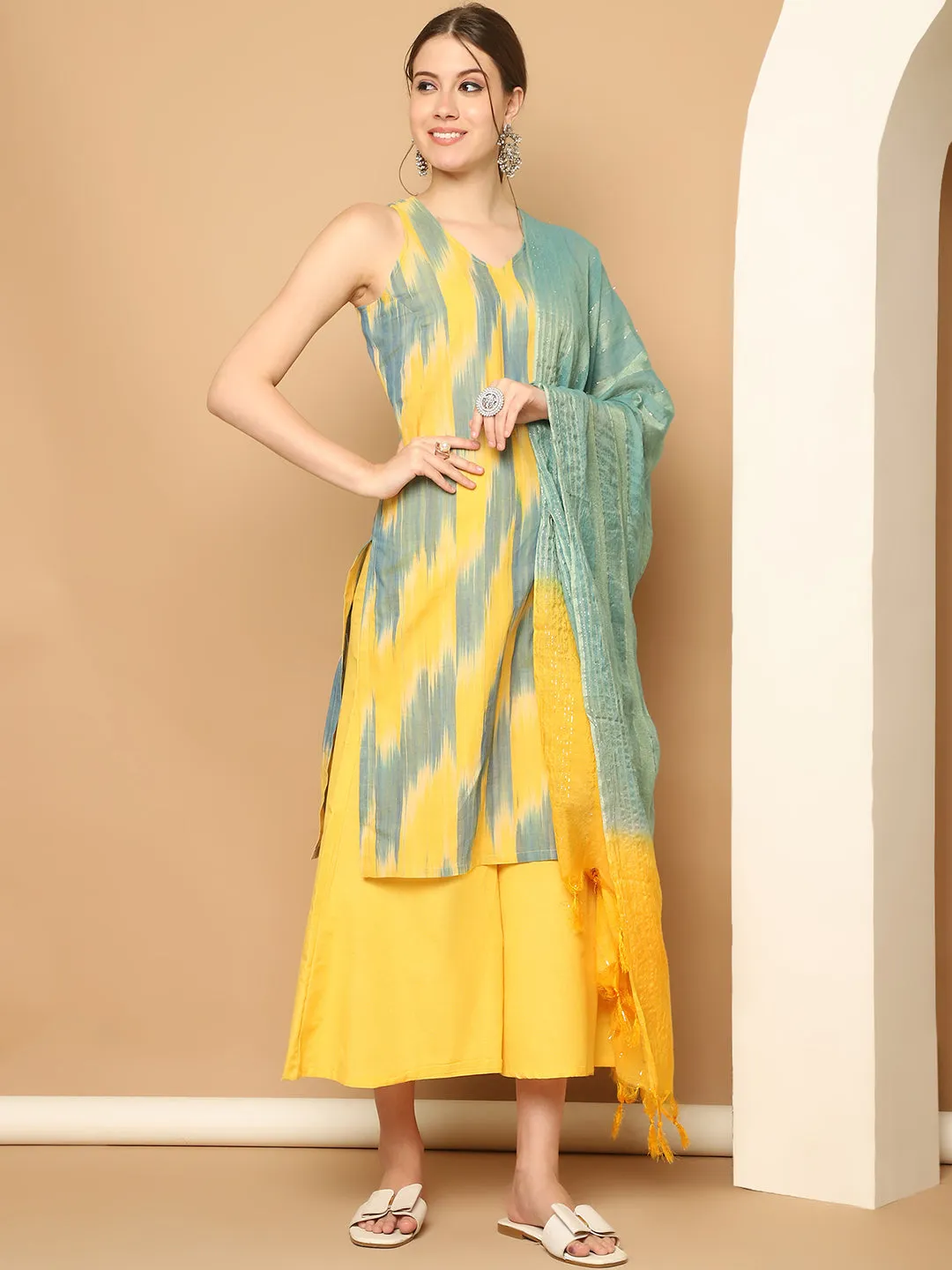 Printed Pure Cotton Kurta With Palazzos & With Dupatta