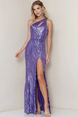 Purple One Shoulder Lace Up Back Slit Sequin Maxi Dress