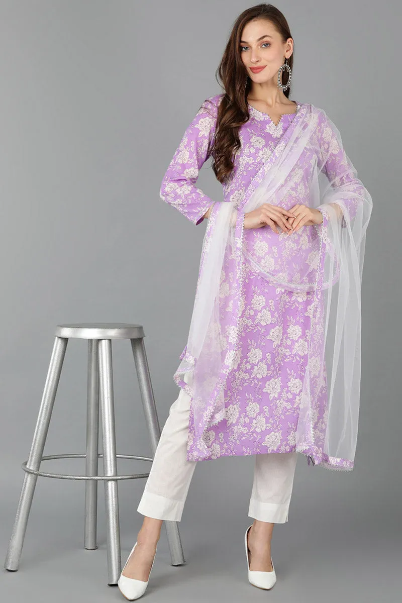 Purple Rayon blend Floral Straight Kurta Pant With Dupatta