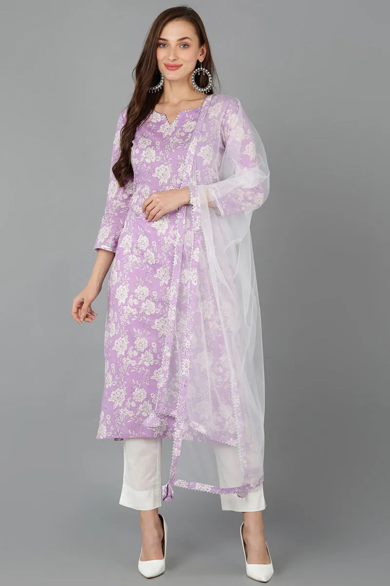 Purple Rayon blend Floral Straight Kurta Pant With Dupatta