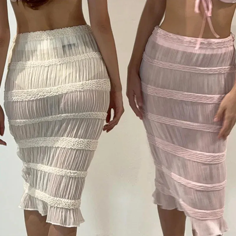 Ruched Stripe Stylish Mesh Midi Skirt