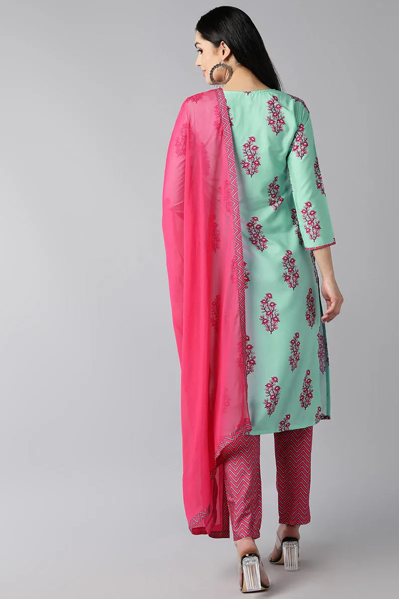 Sea Green Polyester Ethnic Motifs Straight Suit Set