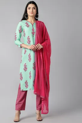 Sea Green Polyester Ethnic Motifs Straight Suit Set