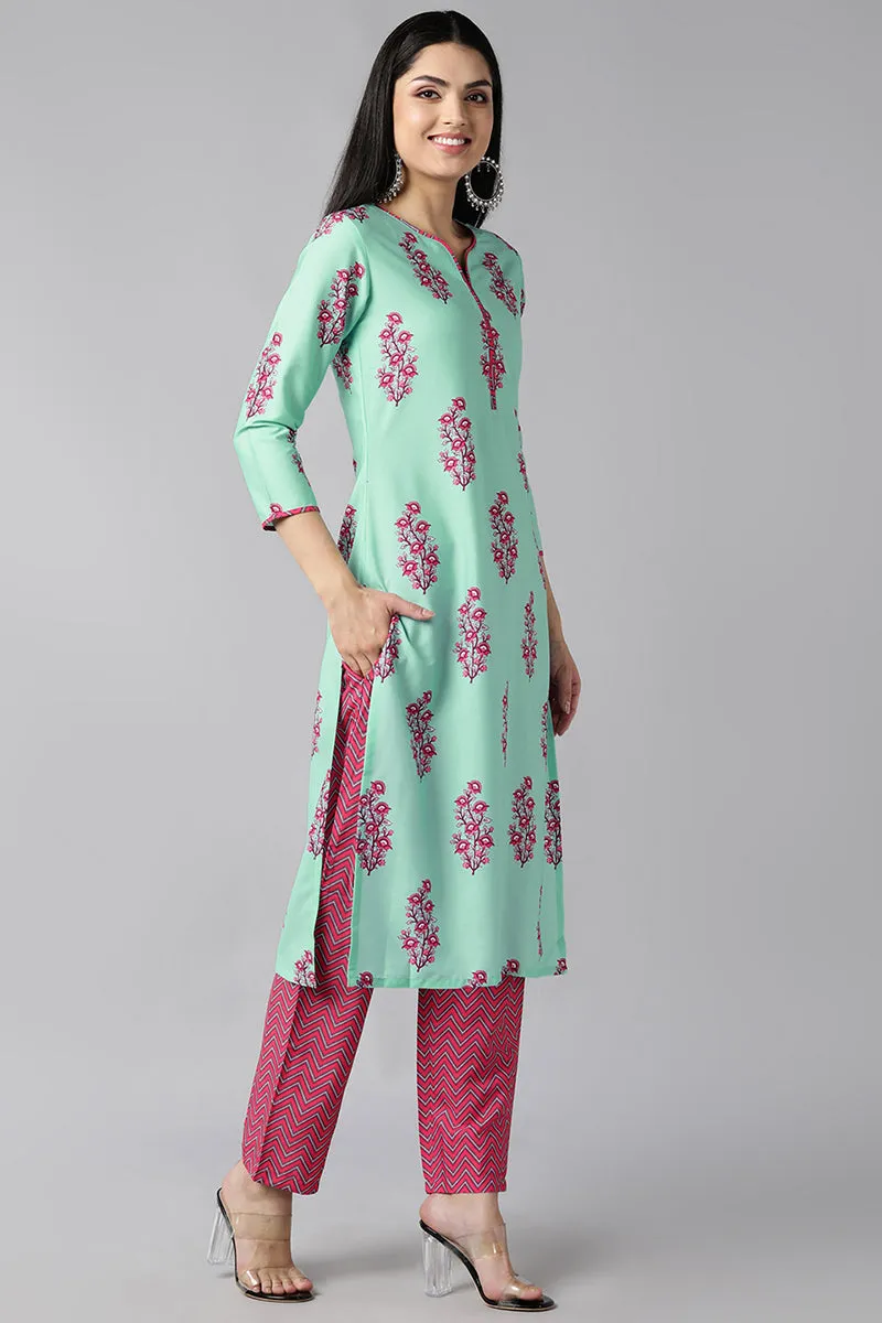 Sea Green Polyester Ethnic Motifs Straight Suit Set