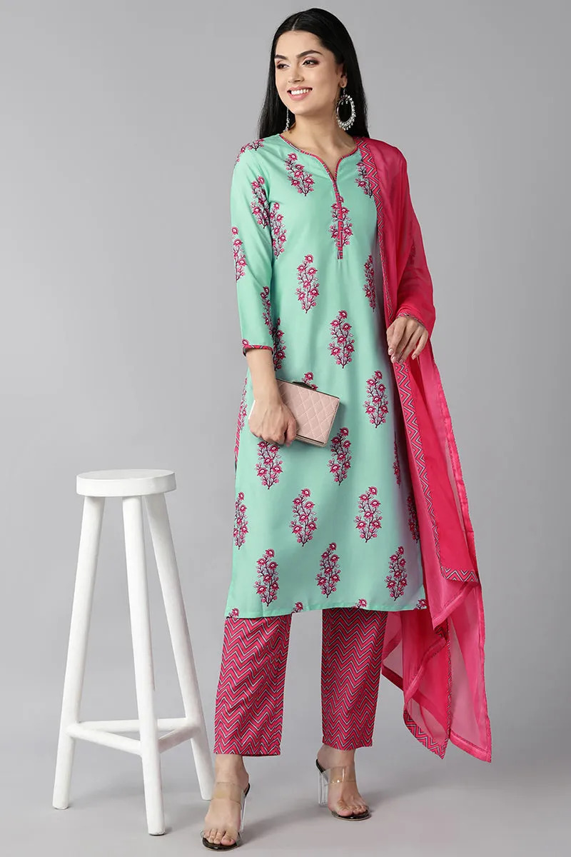 Sea Green Polyester Ethnic Motifs Straight Suit Set