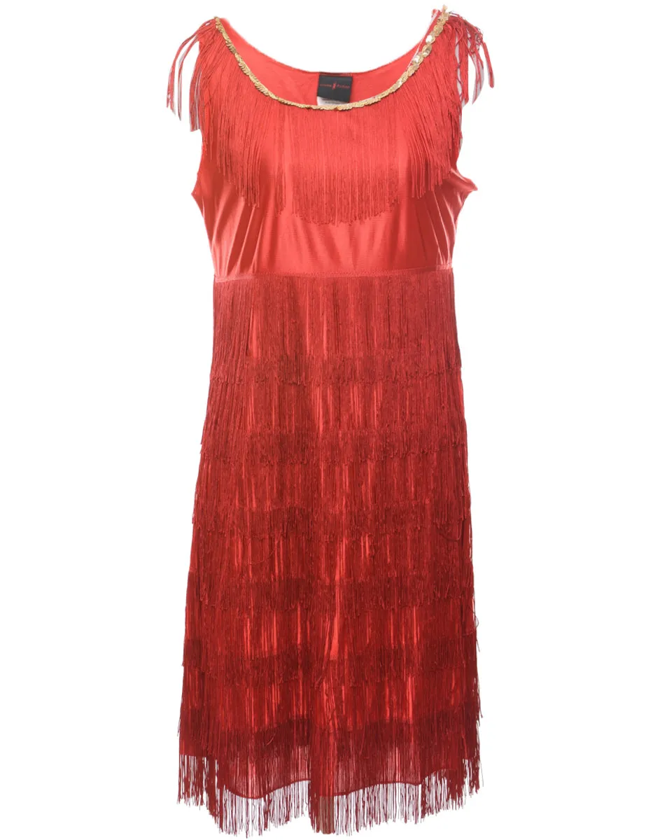 Sequined Red Fringed Flapper Style Party Dress - S