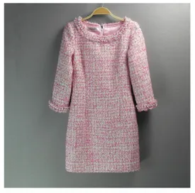 Sheath Pearls Tweed 3/4 Sleeves Dress Hot Pink