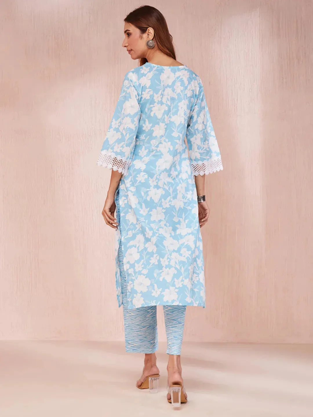 Sky Blue And White Floral Print Lese Sleeves V-Neck Straight Kurta Trouser Set