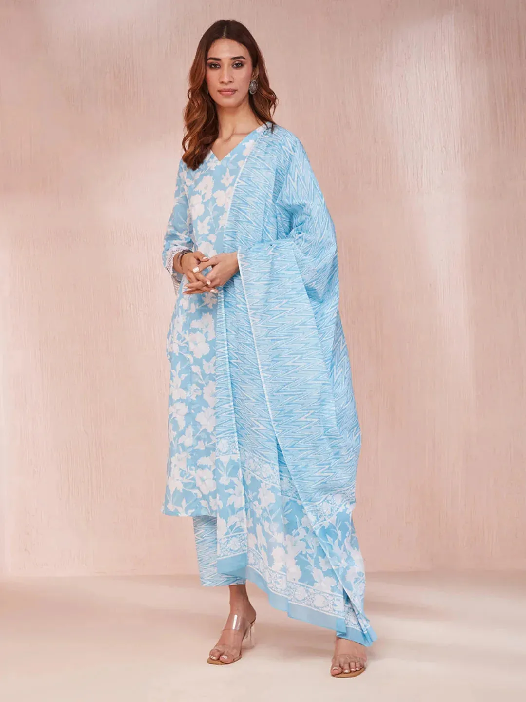 Sky Blue And White Floral Print Lese Sleeves V-Neck Straight Kurta Trouser Set