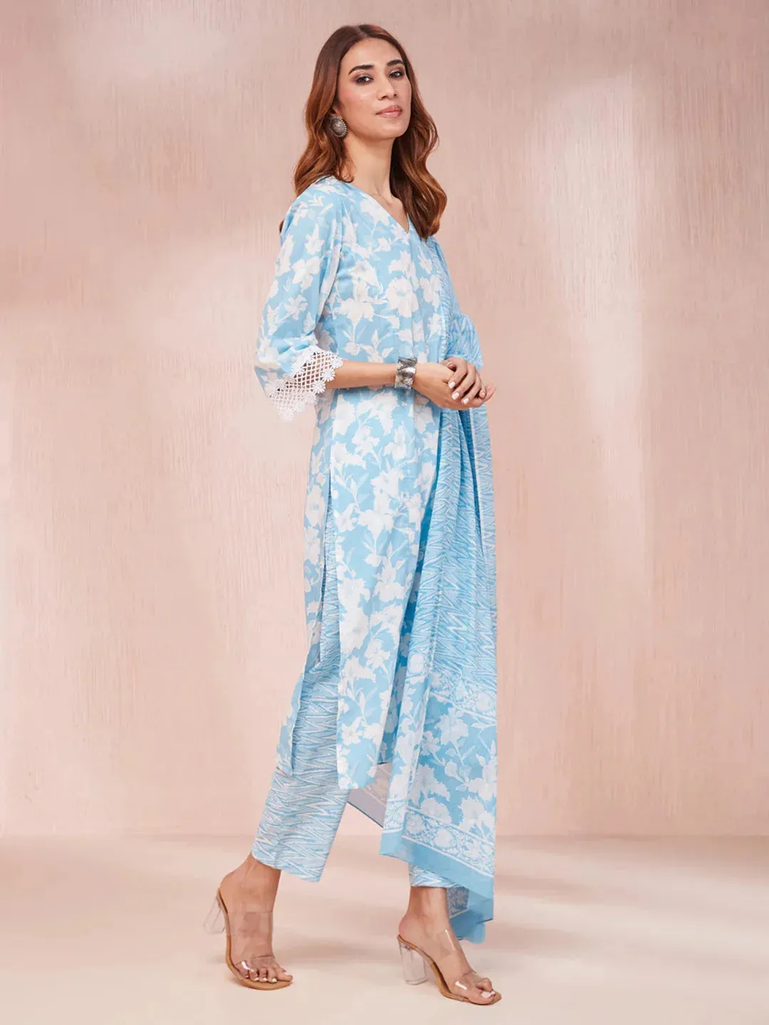 Sky Blue And White Floral Print Lese Sleeves V-Neck Straight Kurta Trouser Set