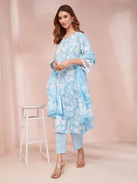 Sky Blue And White Floral Print Lese Sleeves V-Neck Straight Kurta Trouser Set