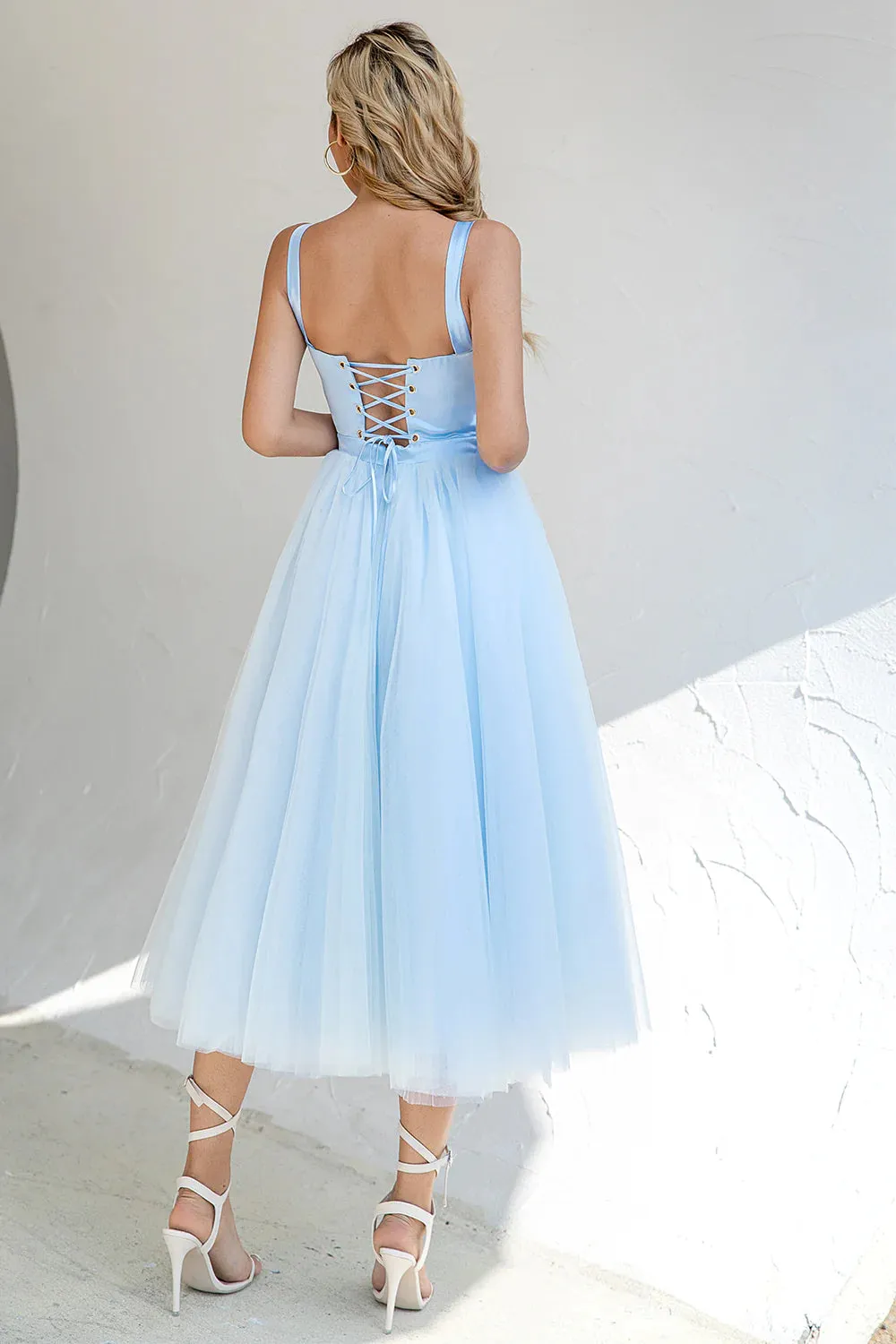 Sky Blue Tulle Cocktail Dress Tea Length Sleeveless Dress