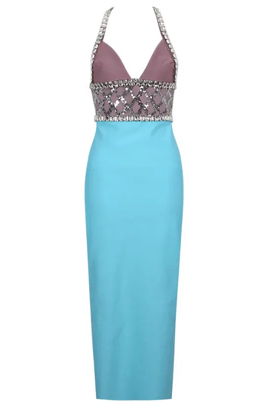 Sparkly Rhinestone Halter Deep V Sequin Bicolor Bandage Cocktail Midi Dress - Sky Blue