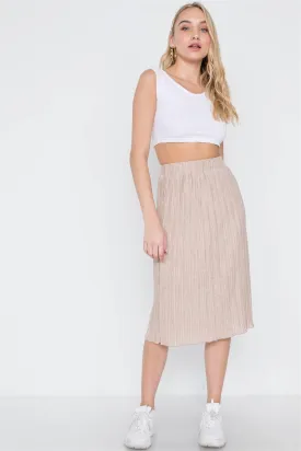 Taupe Knit Pleated High-Waist Midi Skirt /1-2-3