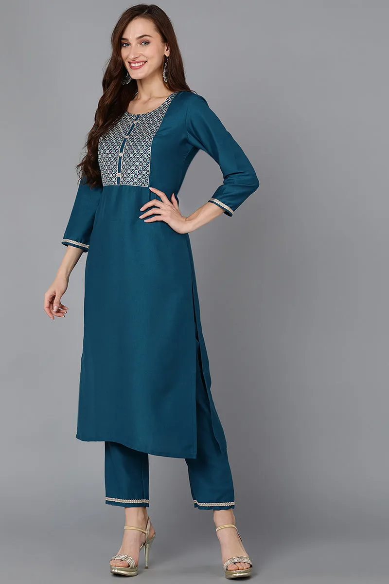 Teal Silk Blend Straight Kurta Pant With Dupatta