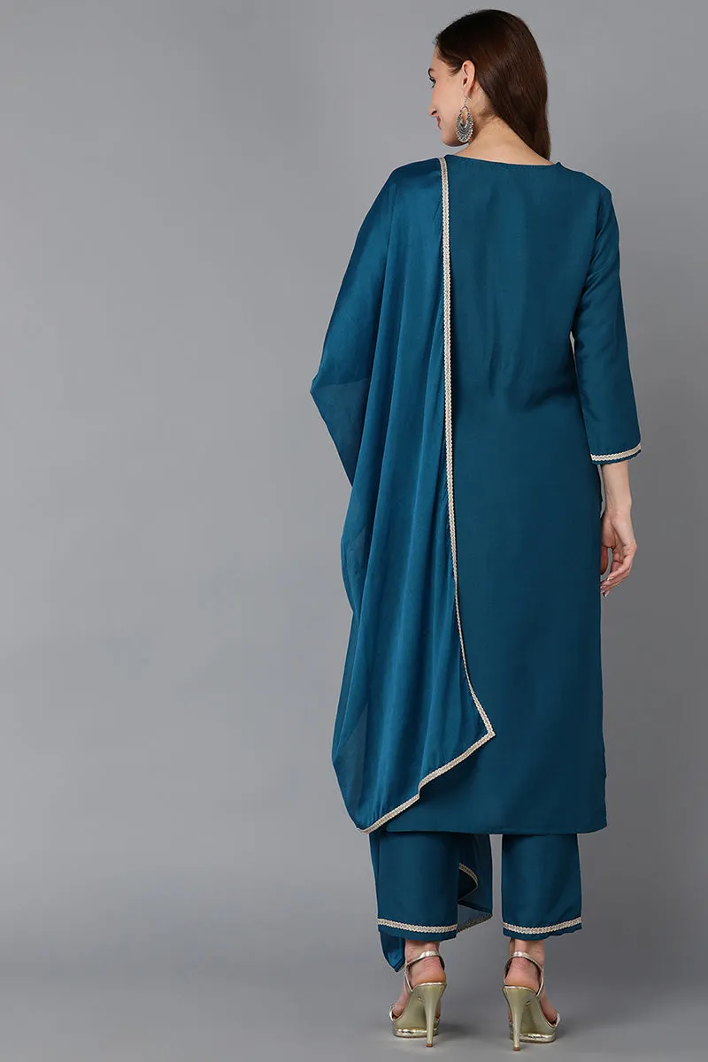 Teal Silk Blend Straight Kurta Pant With Dupatta