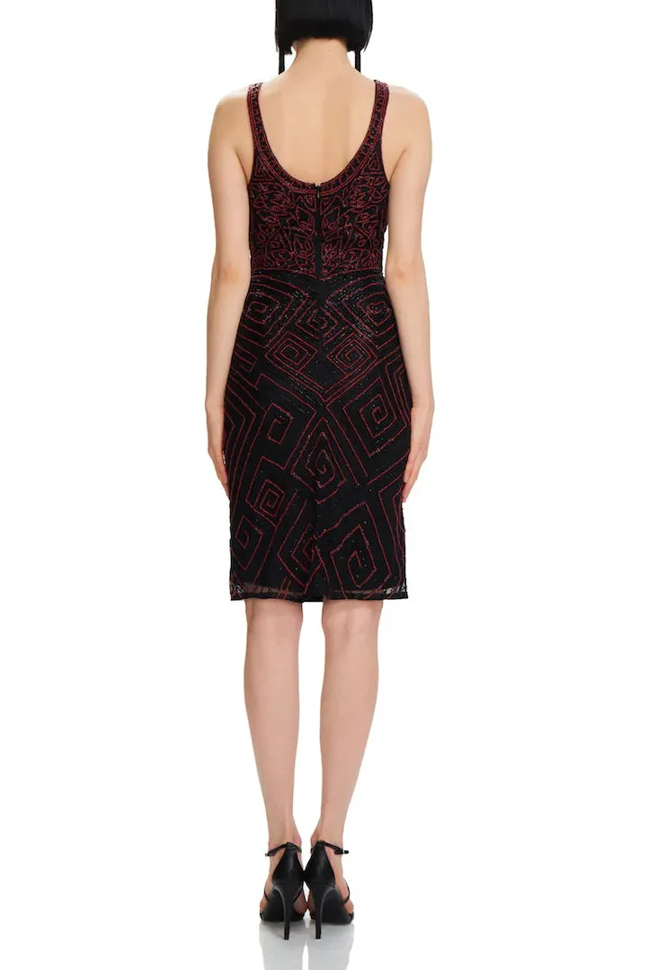 Theia Boat Neck Sleeveless Zipper Back Beaded Mesh Dress