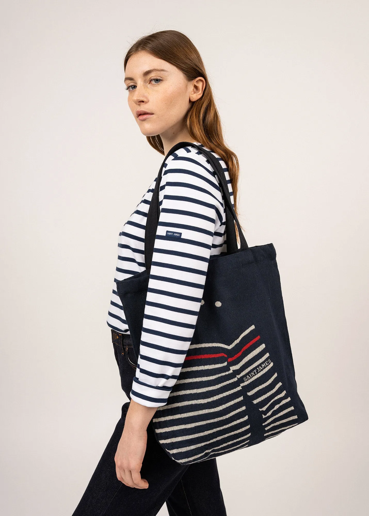 Tote bag in recycled cotton - with sailor jumper print (MARINE/ECRU)