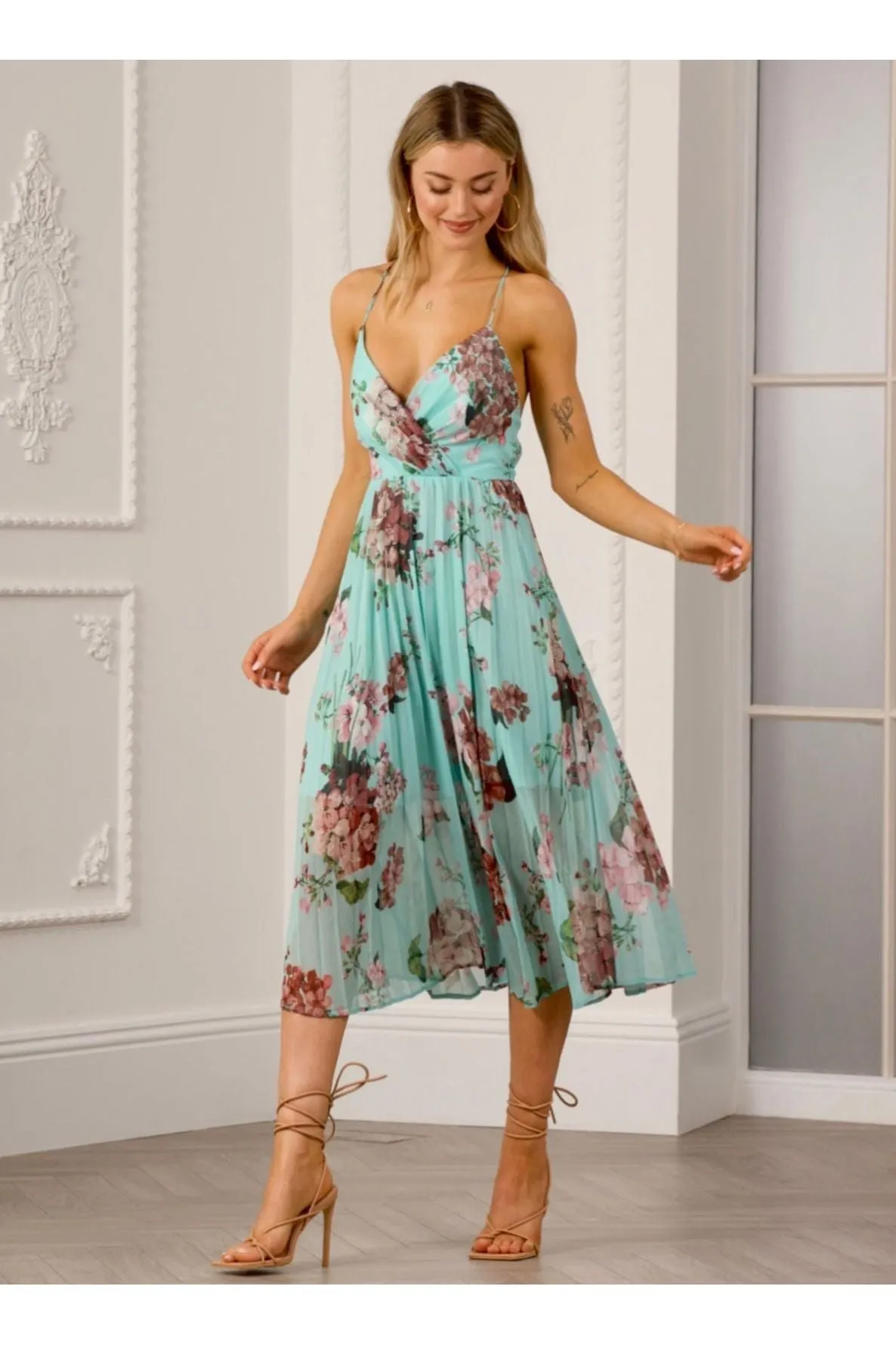 Urban Touch Floral Print Pleated Wrap Body Midi Dress