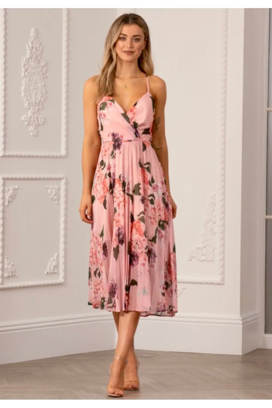 Urban Touch Floral Print Pleated Wrap Body Midi Dress