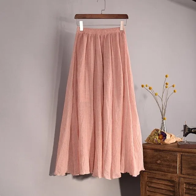 VenusFox Boho Linen Cotton Elastic Waist Maxi Skirts