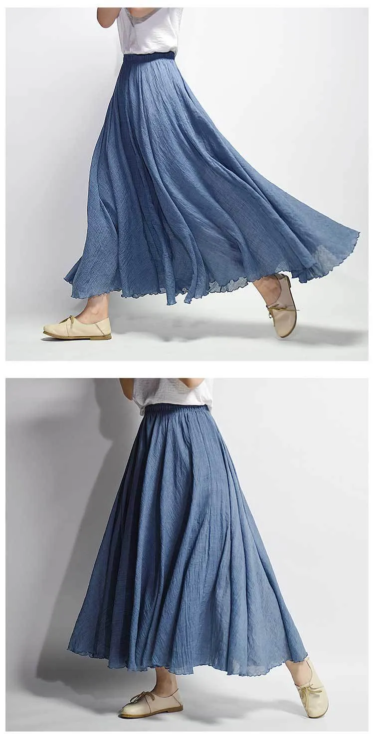 VenusFox Boho Linen Cotton Elastic Waist Maxi Skirts