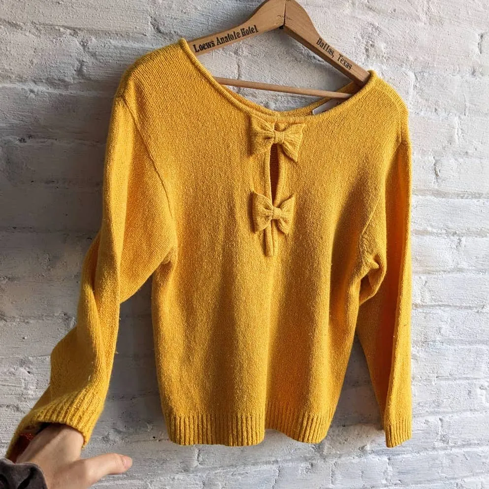 Vintage Silk Furry Chic Knit Sweater Sunny Yellow Granny Preppy Kawaii Bows Top