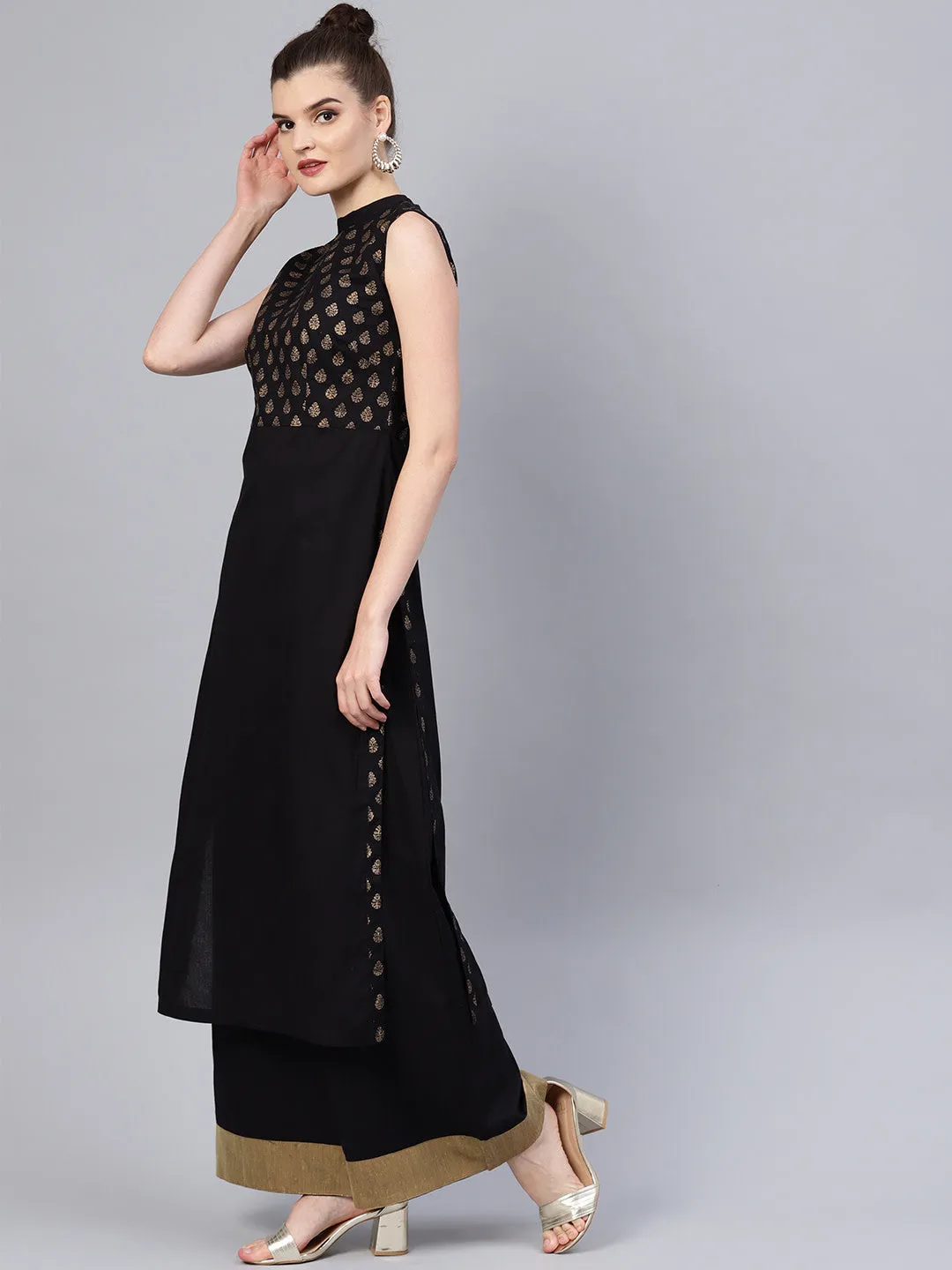 Women Black And Golden Yoke Design Kurta With Palazzos