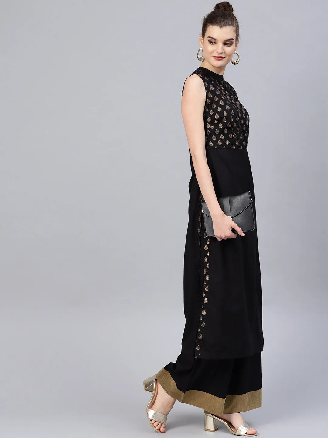 Women Black And Golden Yoke Design Kurta With Palazzos