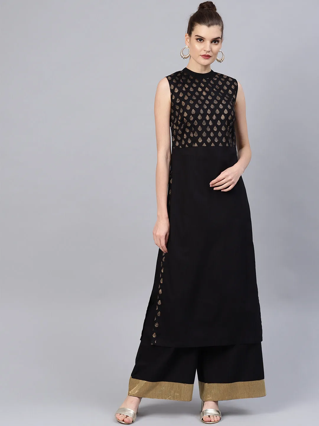 Women Black And Golden Yoke Design Kurta With Palazzos