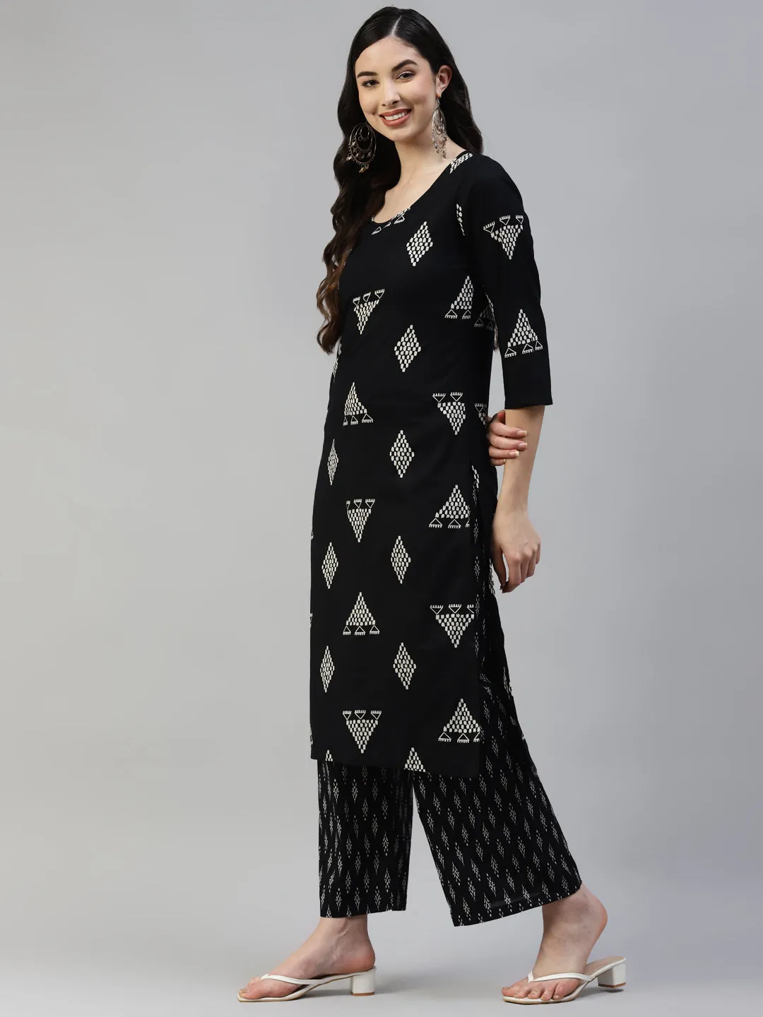 Women Black Cotton Printed A- Line Kurta With Palazzo And  Cotton Dupatta