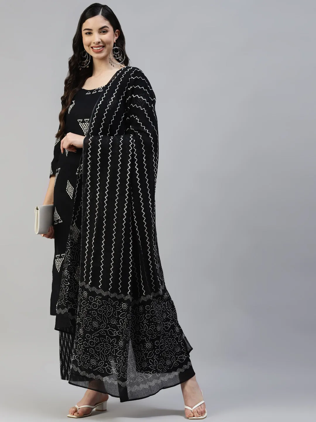 Women Black Cotton Printed A- Line Kurta With Palazzo And  Cotton Dupatta