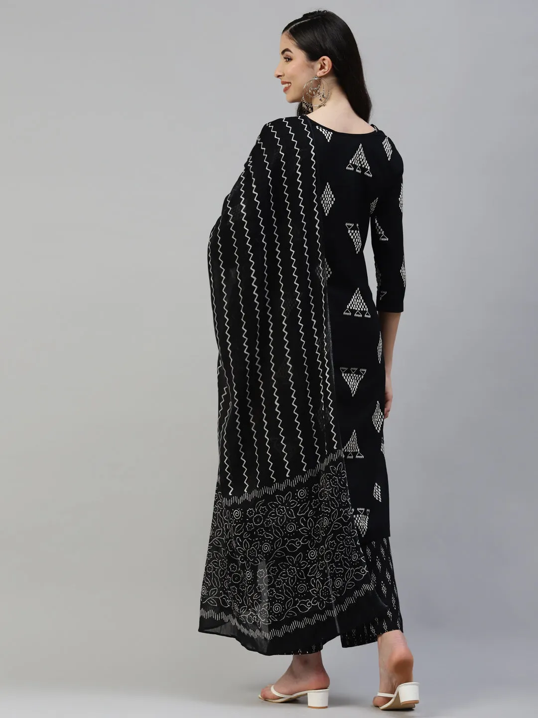 Women Black Cotton Printed A- Line Kurta With Palazzo And  Cotton Dupatta