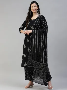 Women Black Cotton Printed A- Line Kurta With Palazzo And  Cotton Dupatta