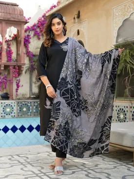 Women Black Muslin Silk Kurta Set With Dupatta