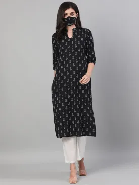 Women Black Three-Quarter Sleeves Straight Kurta With Palazzo And Pockets With Face Mask